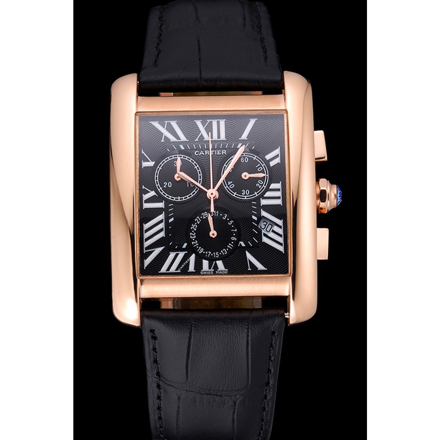 Fake Cartier Tank MC Black Dial Gold Case Black Leather Bracelet 622694