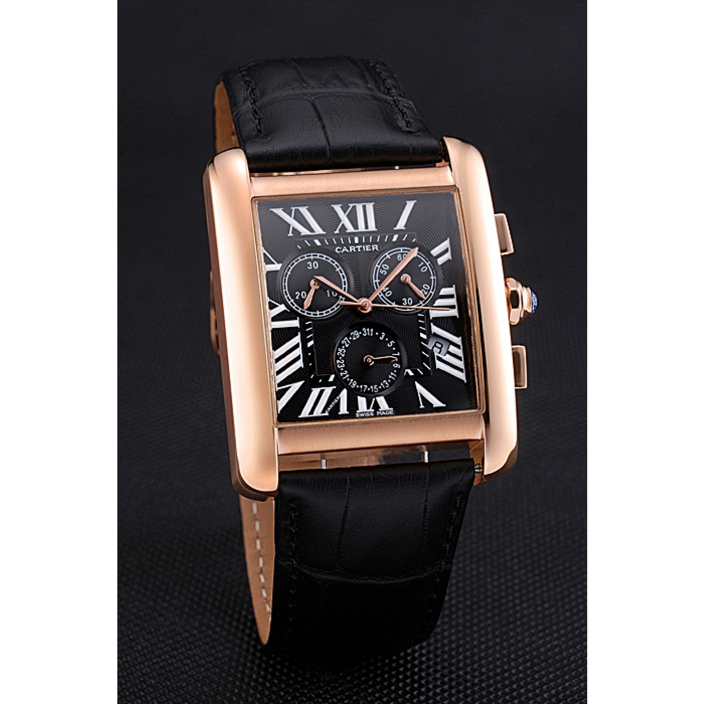 Fake Cartier Tank MC Black Dial Gold Case Black Leather Bracelet 622694