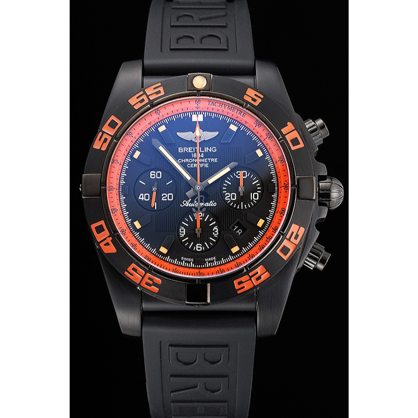 Swiss Breitling Chronomat 44 Raven Black And Orange Dial Black Case Black Rubber Strap