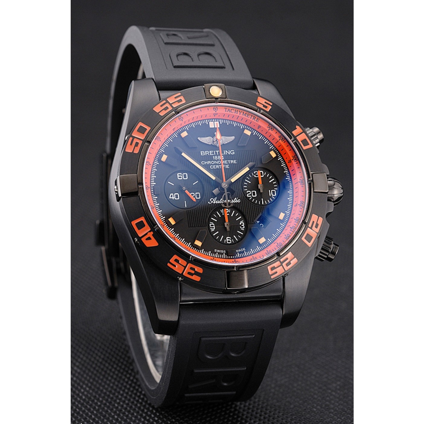 Swiss Breitling Chronomat 44 Raven Black And Orange Dial Black Case Black Rubber Strap