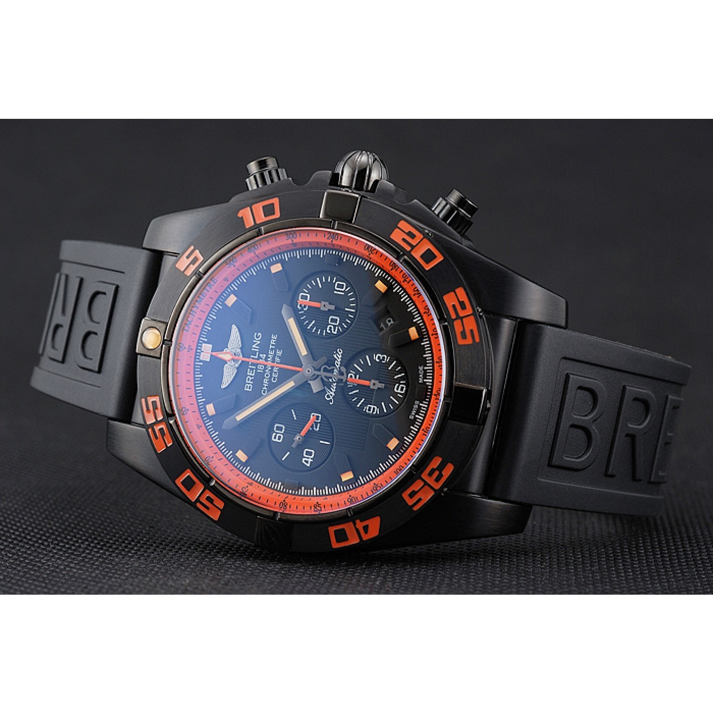 Swiss Breitling Chronomat 44 Raven Black And Orange Dial Black Case Black Rubber Strap