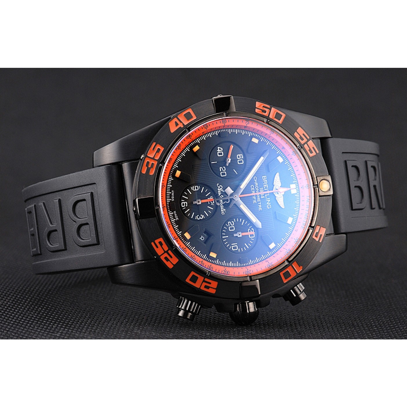 Swiss Breitling Chronomat 44 Raven Black And Orange Dial Black Case Black Rubber Strap