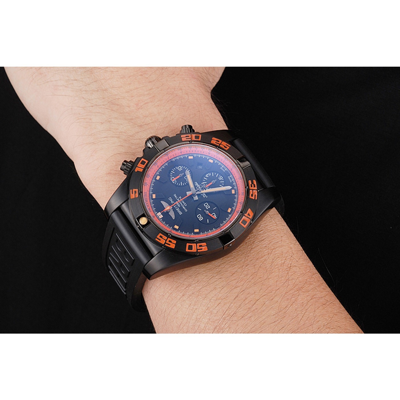 Swiss Breitling Chronomat 44 Raven Black And Orange Dial Black Case Black Rubber Strap