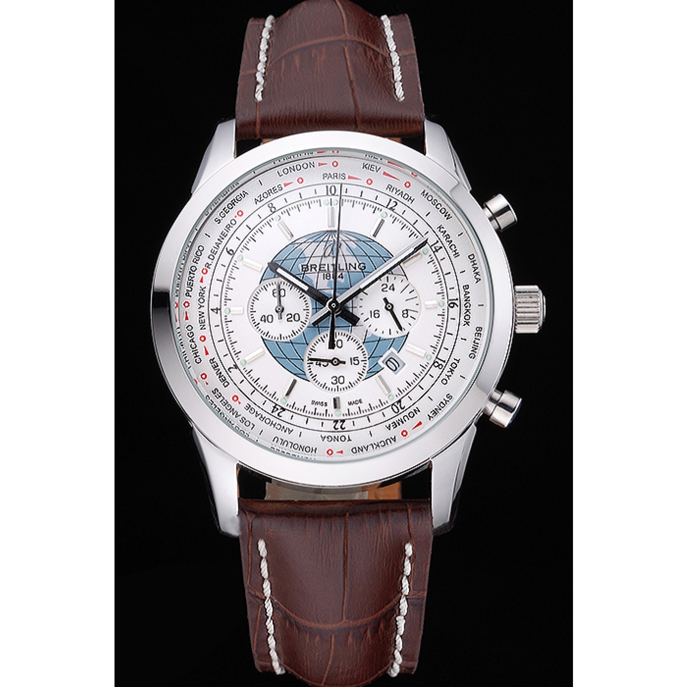 Breitling Transocean Chronograph Unitime White Dial Stainless Steel Case Brown Leather Bracelet 622244