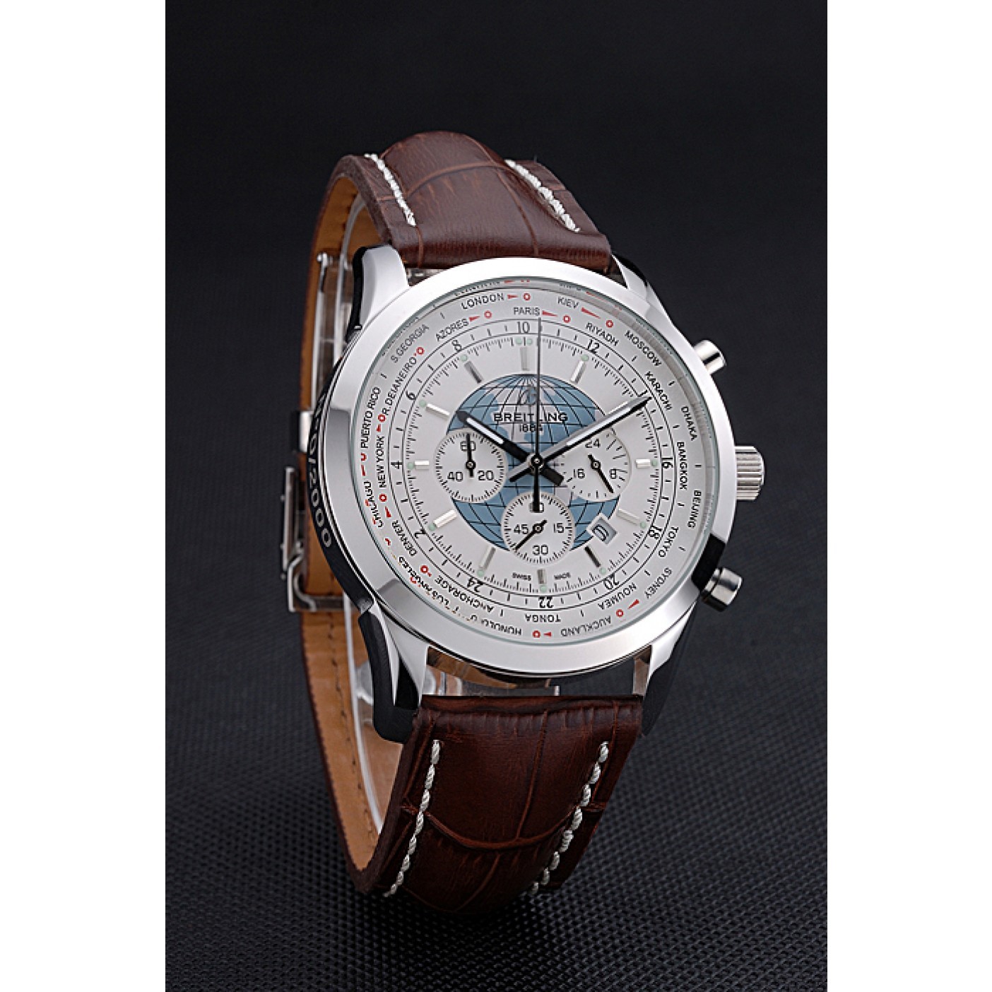 Breitling Transocean Chronograph Unitime White Dial Stainless Steel Case Brown Leather Bracelet 622244