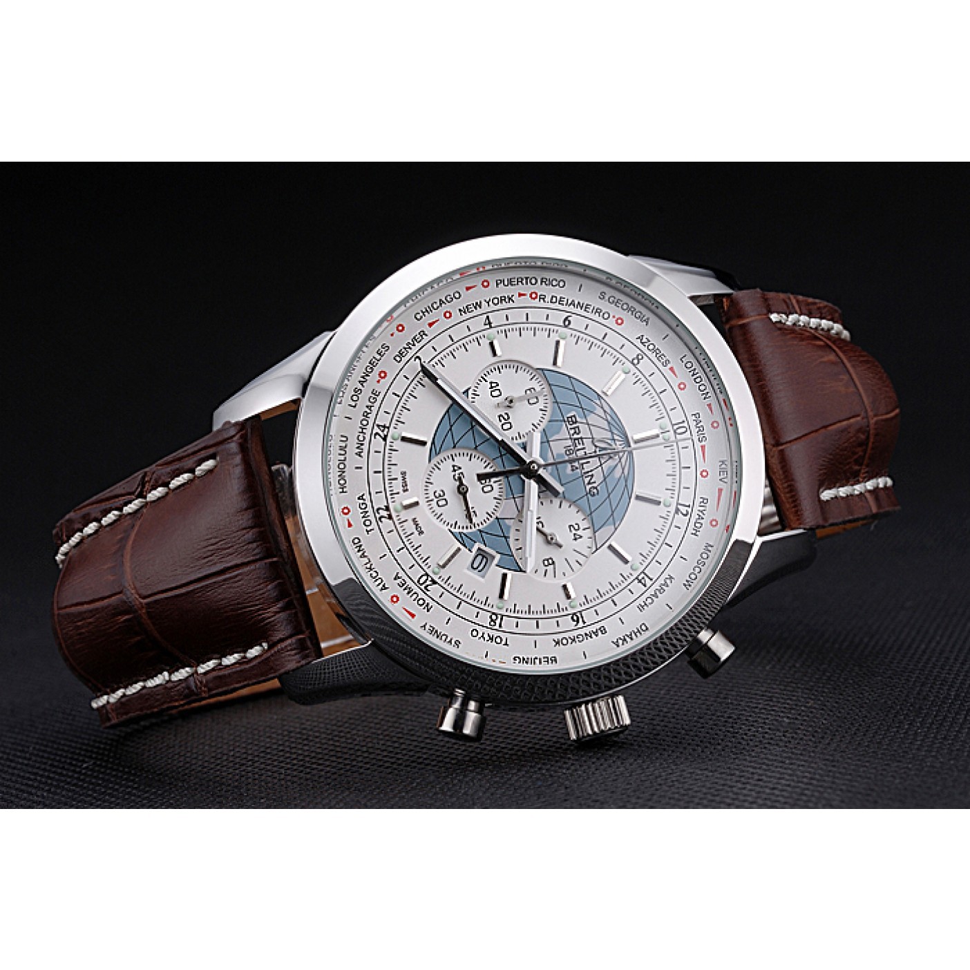 Breitling Transocean Chronograph Unitime White Dial Stainless Steel Case Brown Leather Bracelet 622244