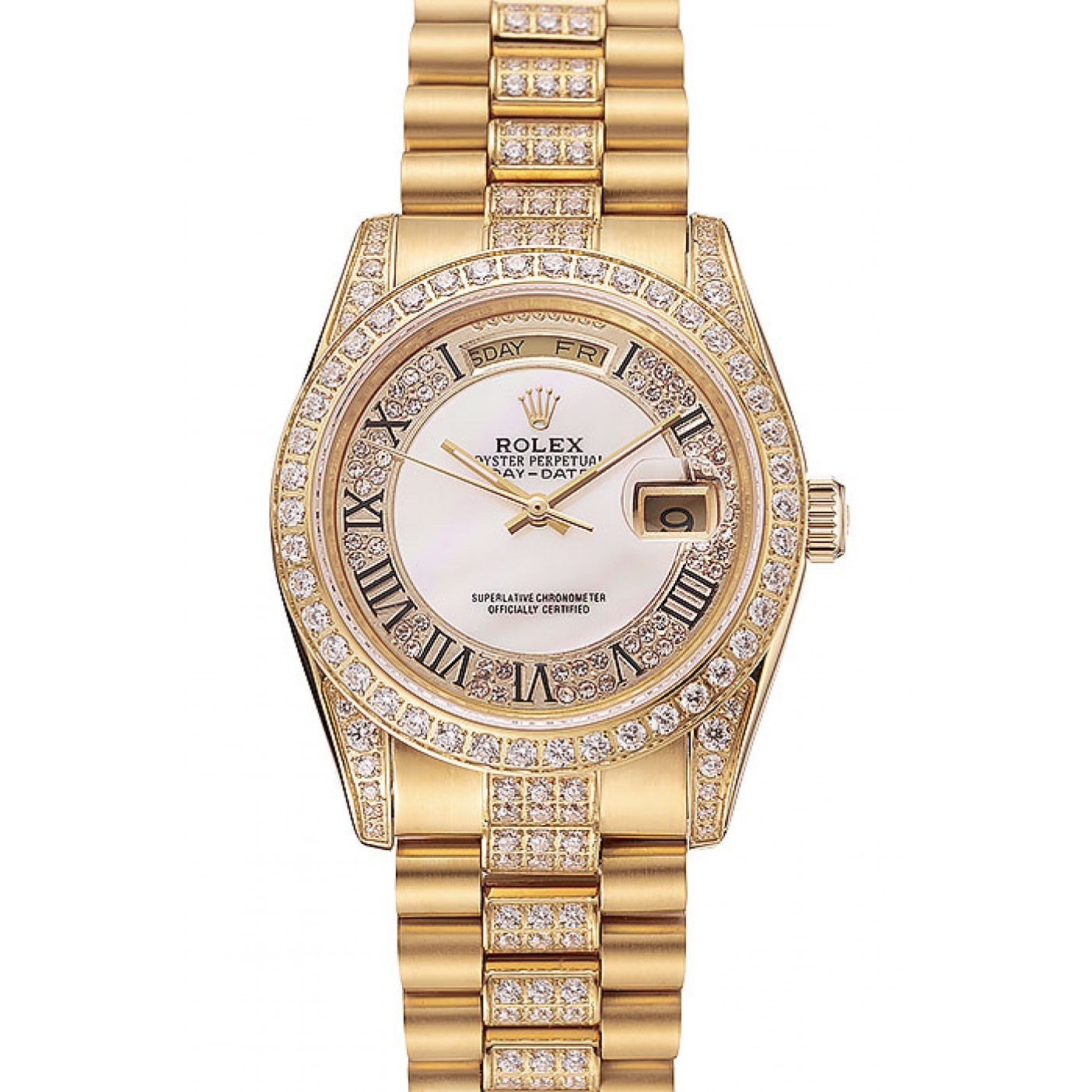 RepTime Watches Swiss Rolex Day-Date Diamond Pave White Dial Gold Diamond Bracelet 1453958