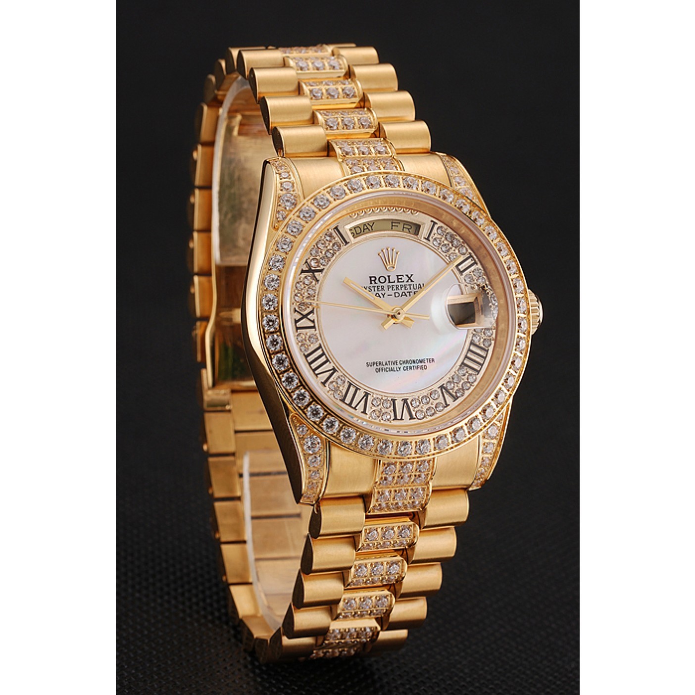 RepTime Watches Swiss Rolex Day-Date Diamond Pave White Dial Gold Diamond Bracelet 1453958