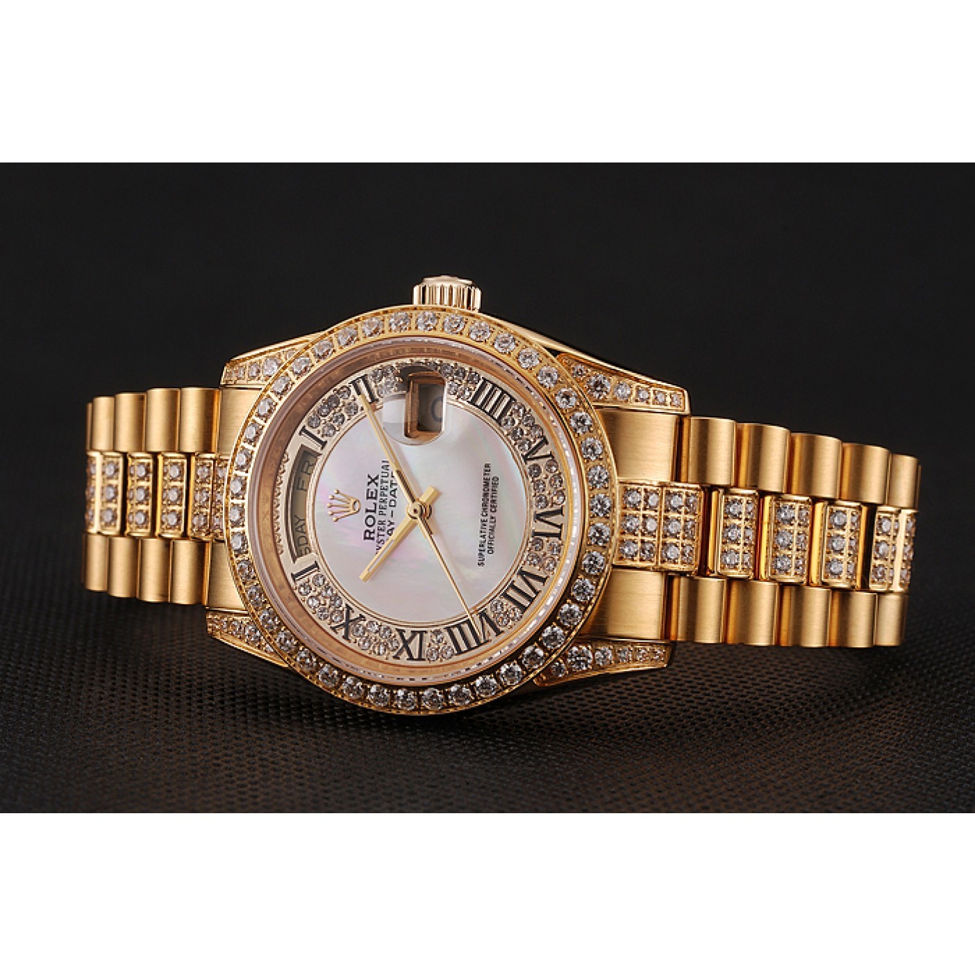 RepTime Watches Swiss Rolex Day-Date Diamond Pave White Dial Gold Diamond Bracelet 1453958