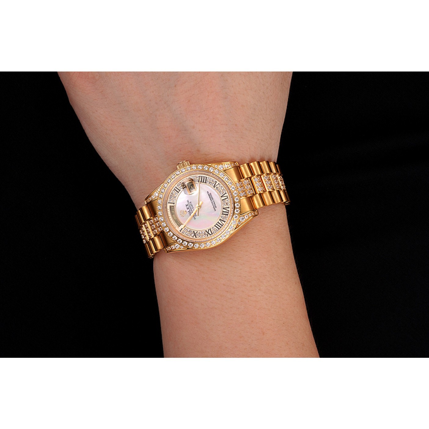 Swiss Rolex Day-Date Diamond Pave White Dial Gold Diamond Bracelet 1453958