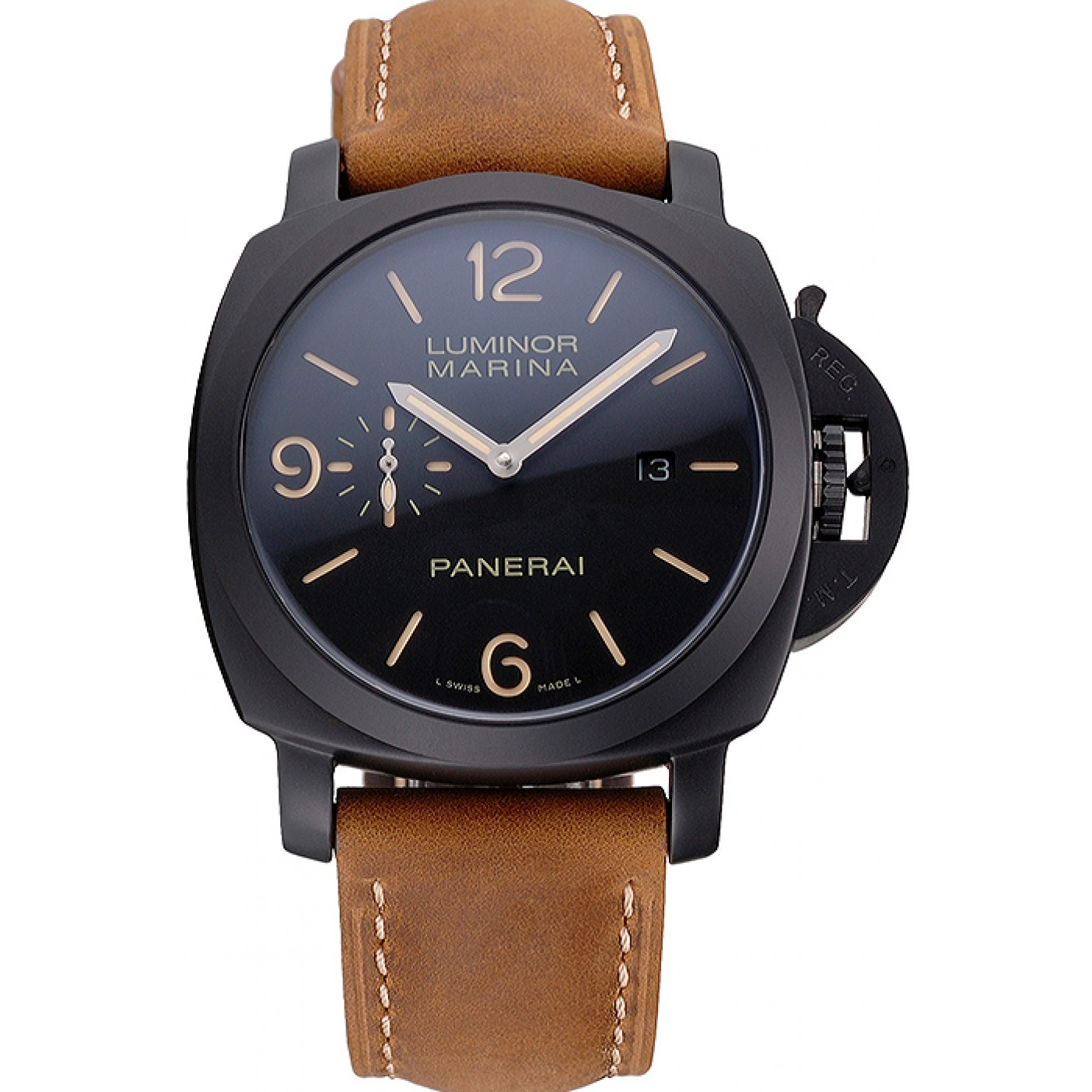 Panerai Luminor Marina Black Dial Matte Black Steel Case Brown Suede Leather Strap