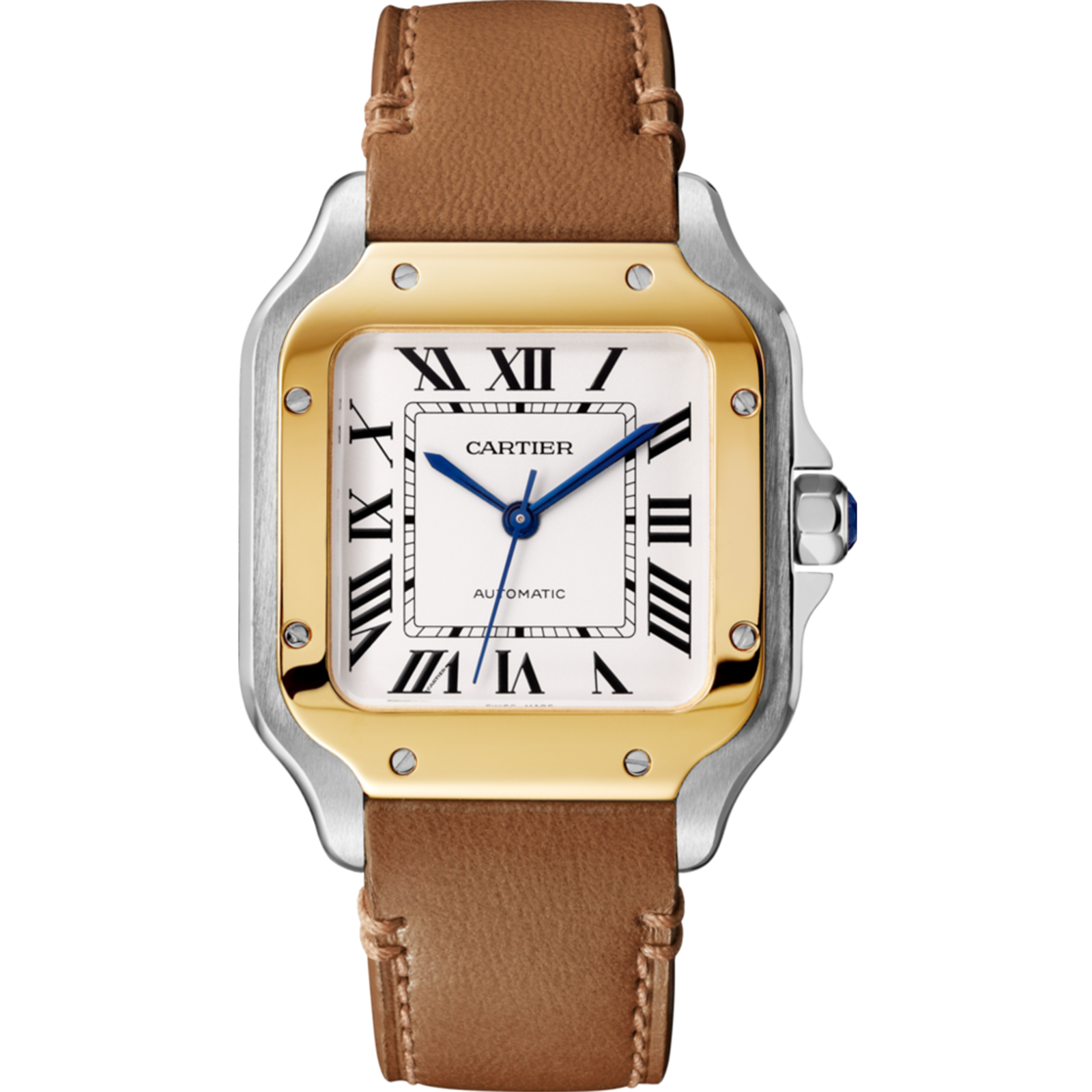 Fake Swiss Santos de Cartier watch, Medium model, automatic, yellow gold and steel, interchangeable metal and leather bracelets