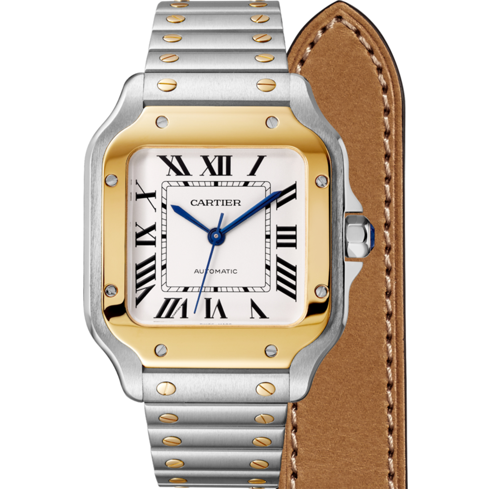 Fake Swiss Santos de Cartier watch, Medium model, automatic, yellow gold and steel, interchangeable metal and leather bracelets