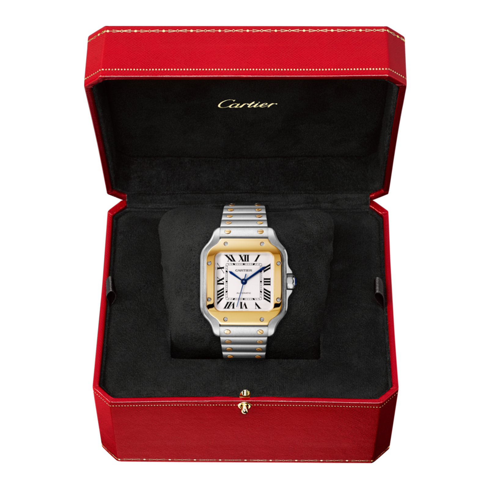 Fake Swiss Santos de Cartier watch, Medium model, automatic, yellow gold and steel, interchangeable metal and leather bracelets