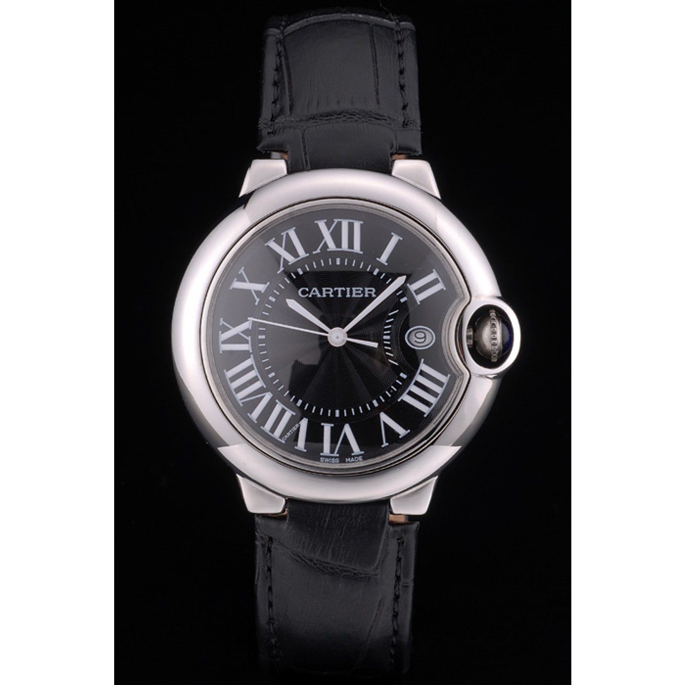 Cheap Cartier Ballon Bleu 38mm Black Dial Stainless Steel Case Black Leather Bracelet