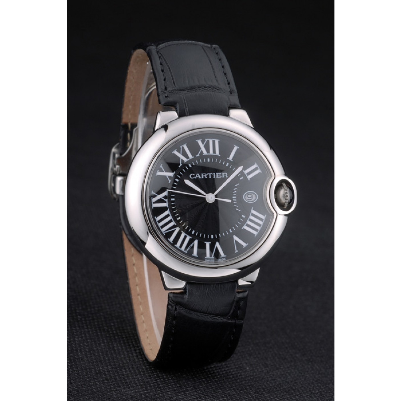 Cheap Cartier Ballon Bleu 38mm Black Dial Stainless Steel Case Black Leather Bracelet