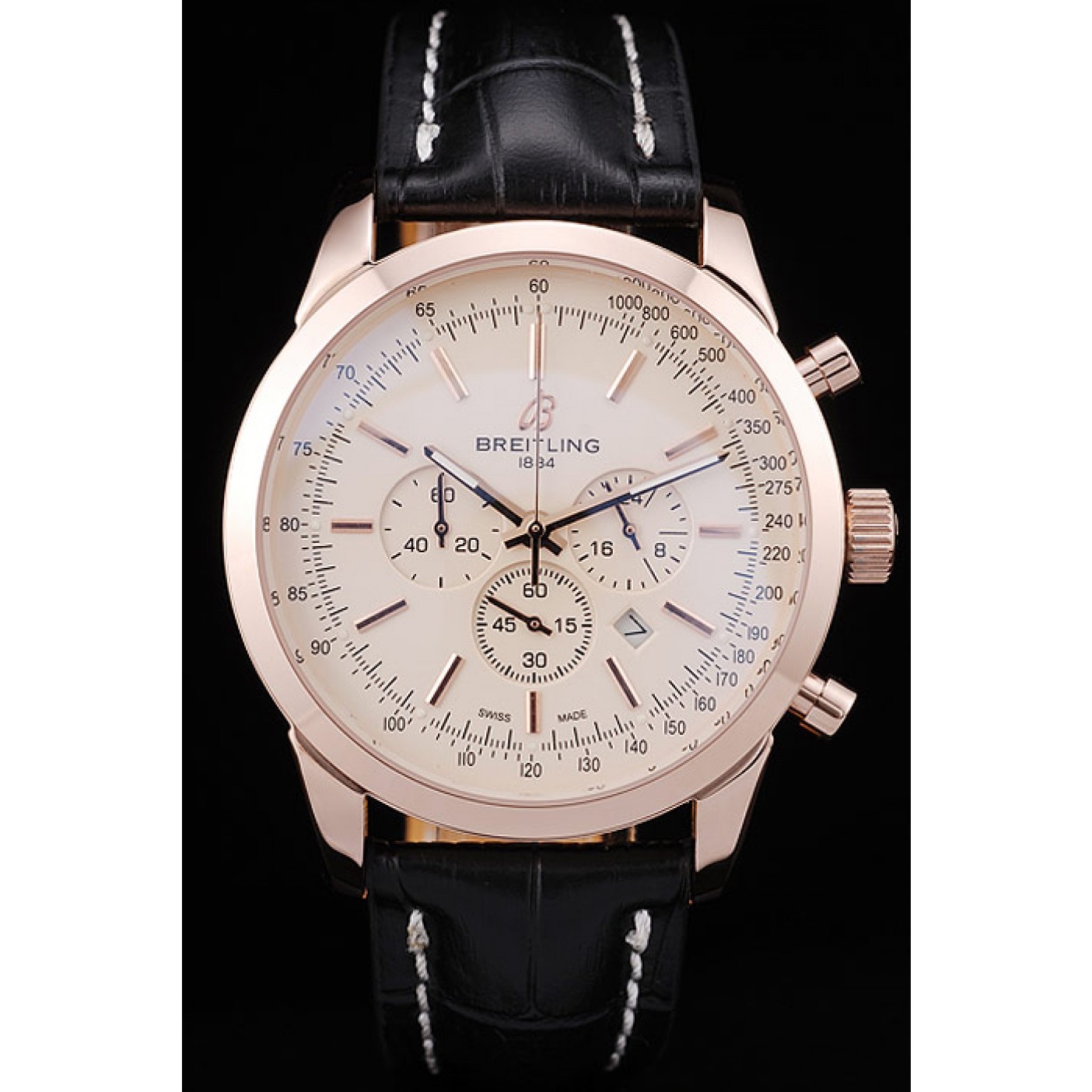 Breitling Transocean White Dial Black Leather Strap Rose Gold Bezel 98206