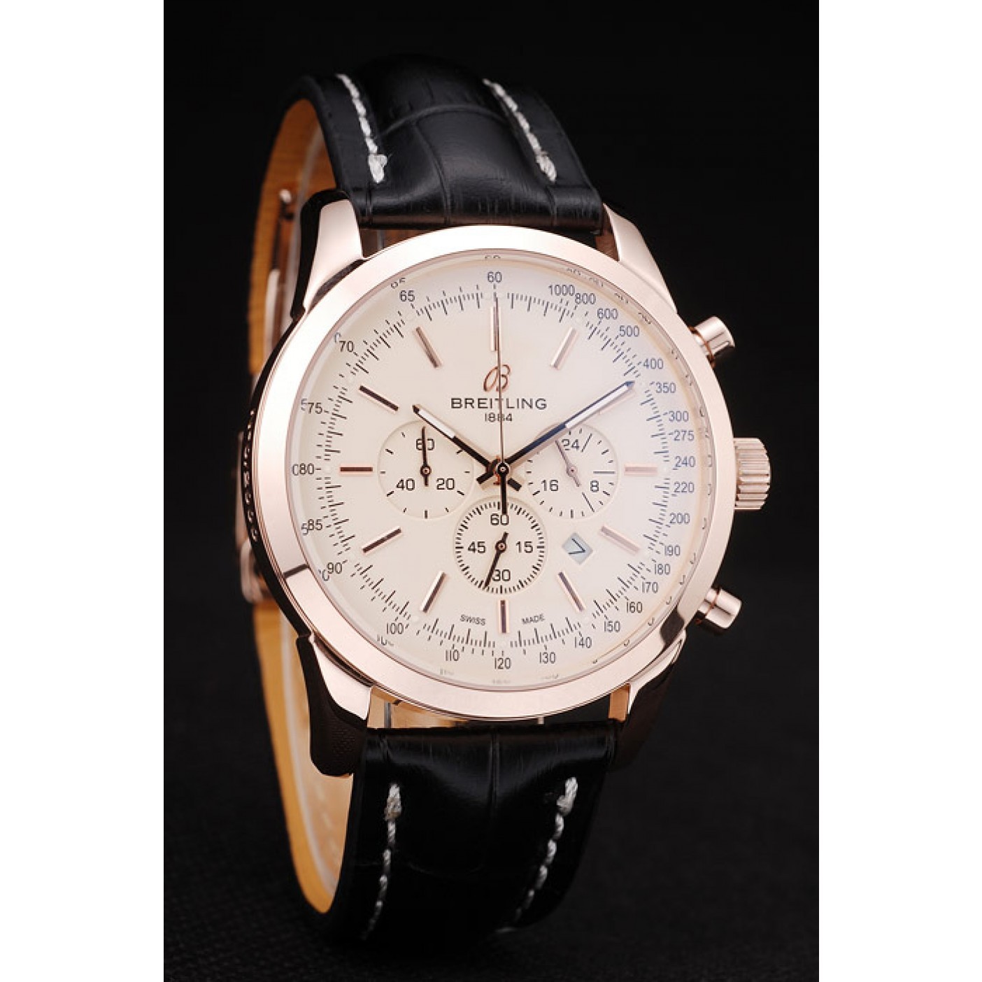 Breitling Transocean White Dial Black Leather Strap Rose Gold Bezel 98206