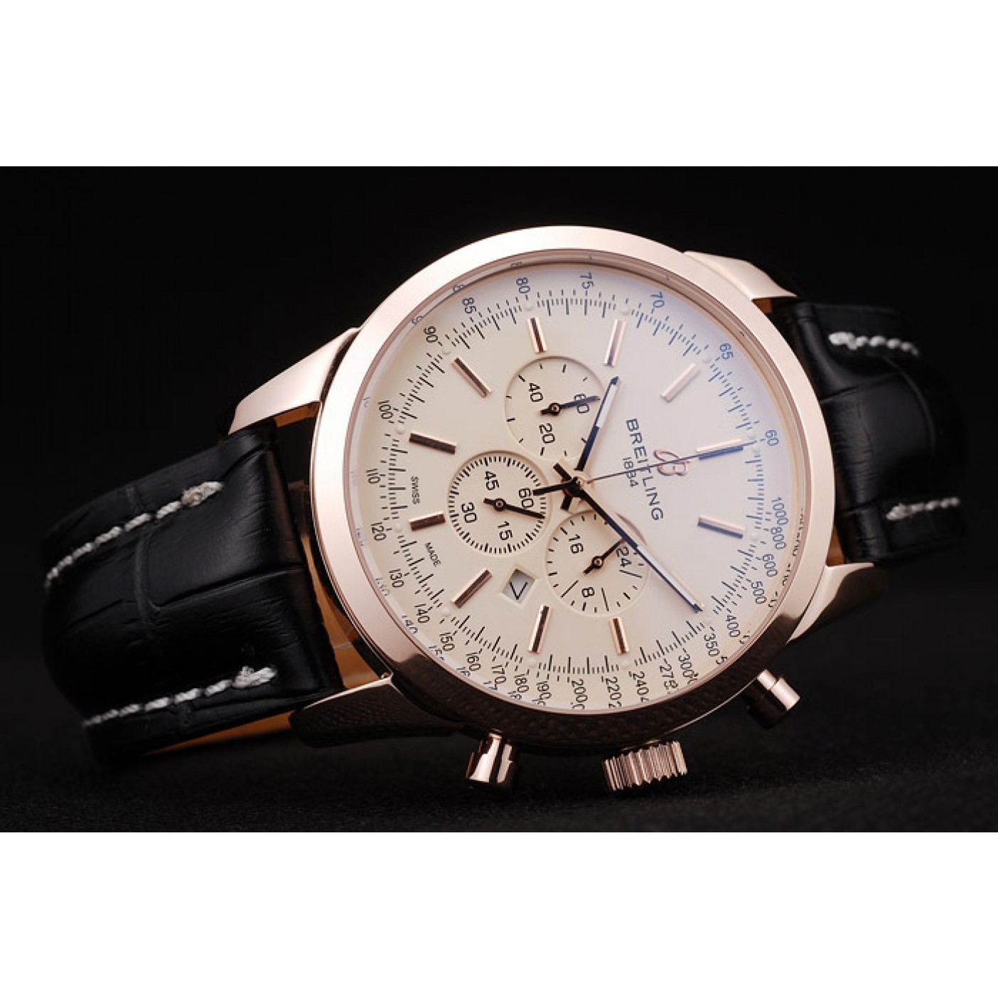 Breitling Transocean White Dial Black Leather Strap Rose Gold Bezel 98206