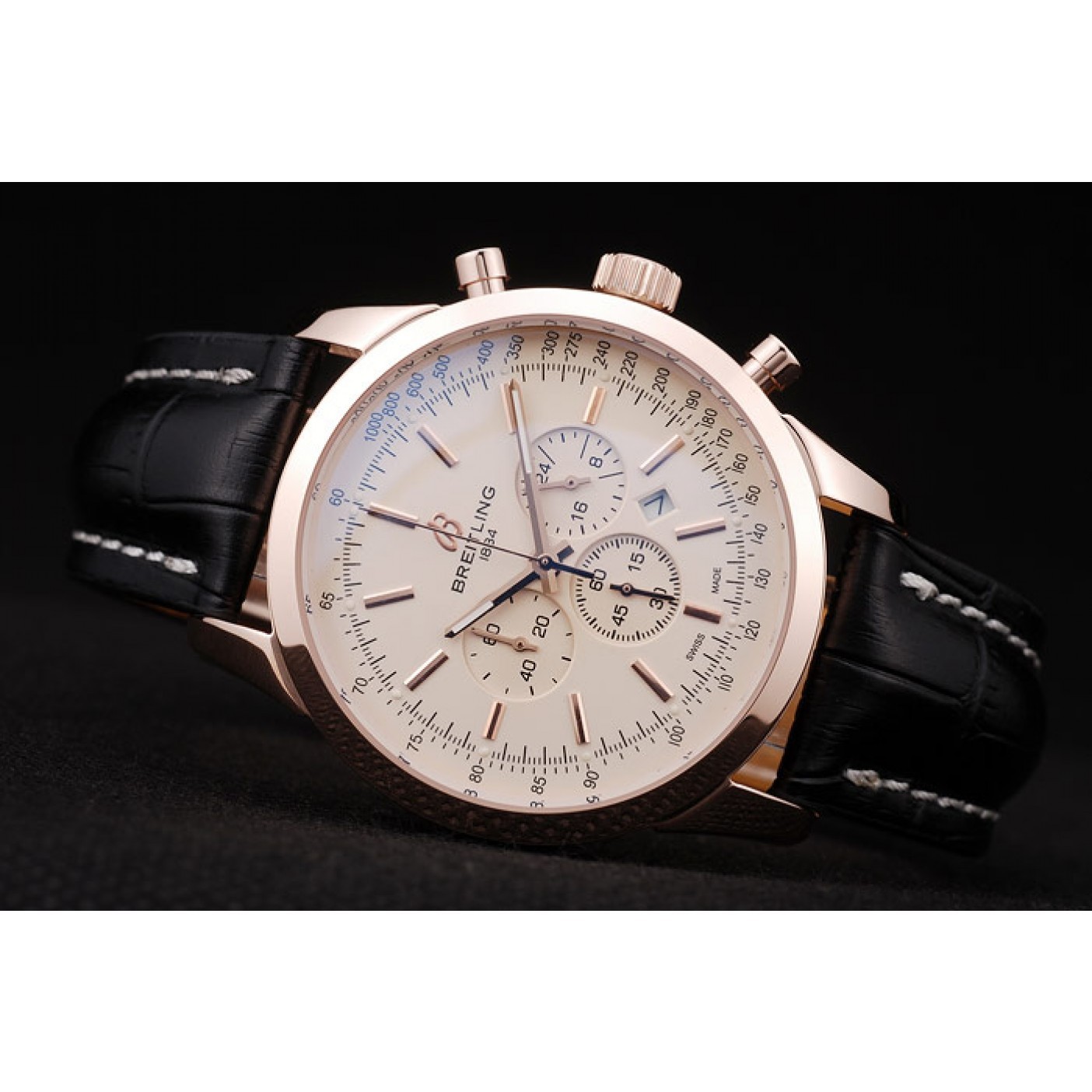 Breitling Transocean White Dial Black Leather Strap Rose Gold Bezel 98206