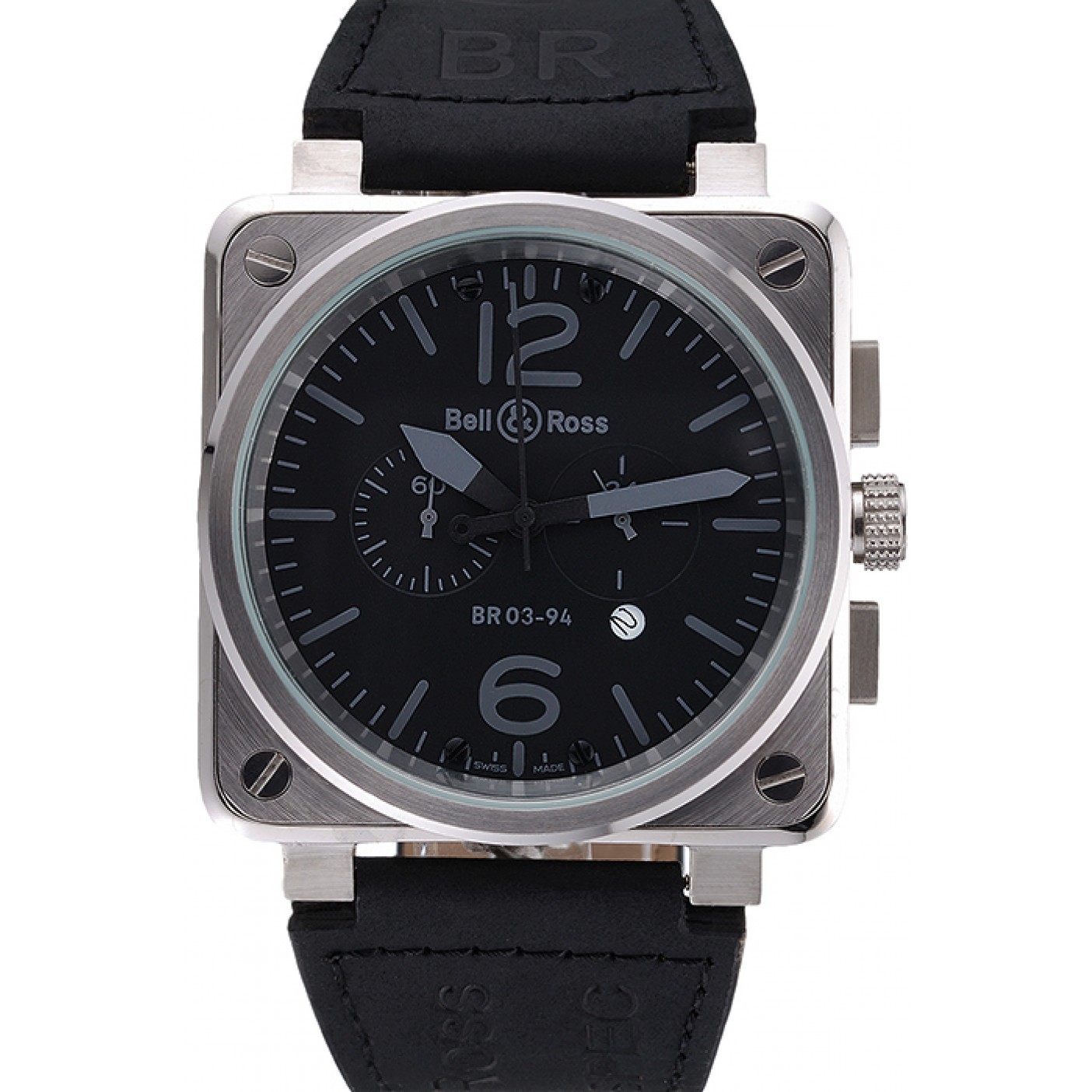 Bell and Ross BR 03-94 Black Dial Silver Case Black Leather Strap