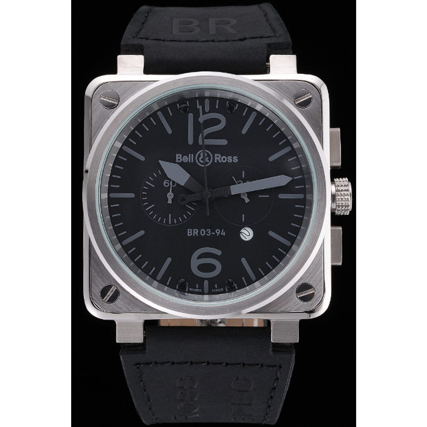 Bell and Ross BR 03-94 Black Dial Silver Case Black Leather Strap