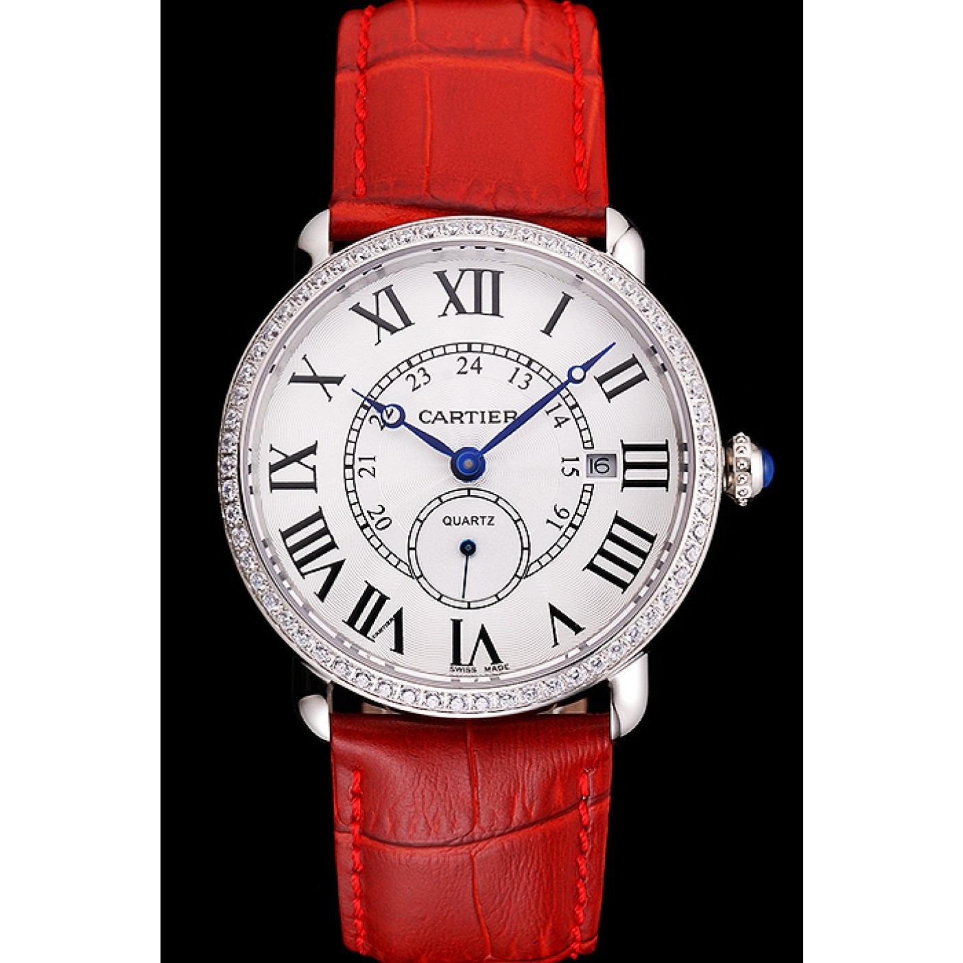 Rep Cartier Ronde Louis Cartier White Dial Stainless Steel Case Diamond Bezel Red Leather Strap