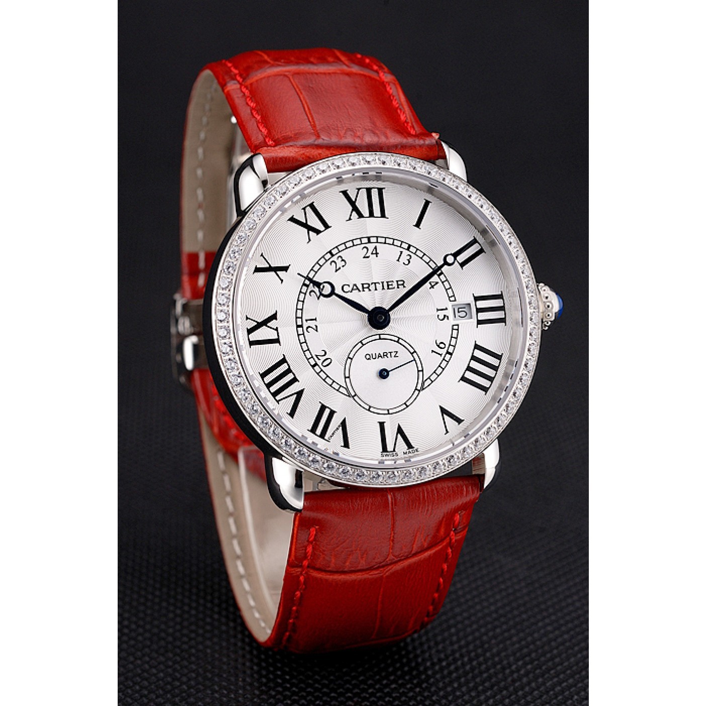 Rep Cartier Ronde Louis Cartier White Dial Stainless Steel Case Diamond Bezel Red Leather Strap