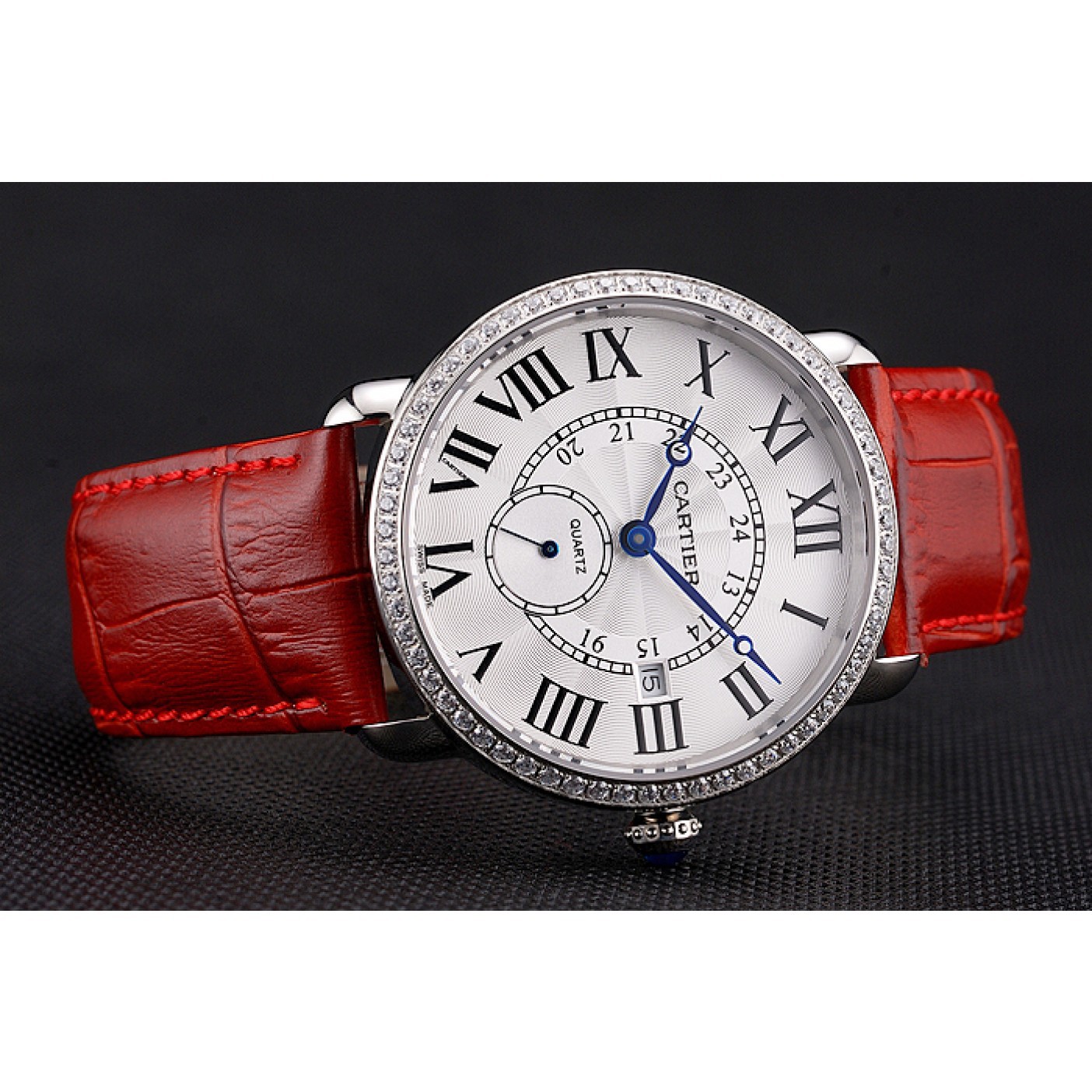 Rep Cartier Ronde Louis Cartier White Dial Stainless Steel Case Diamond Bezel Red Leather Strap