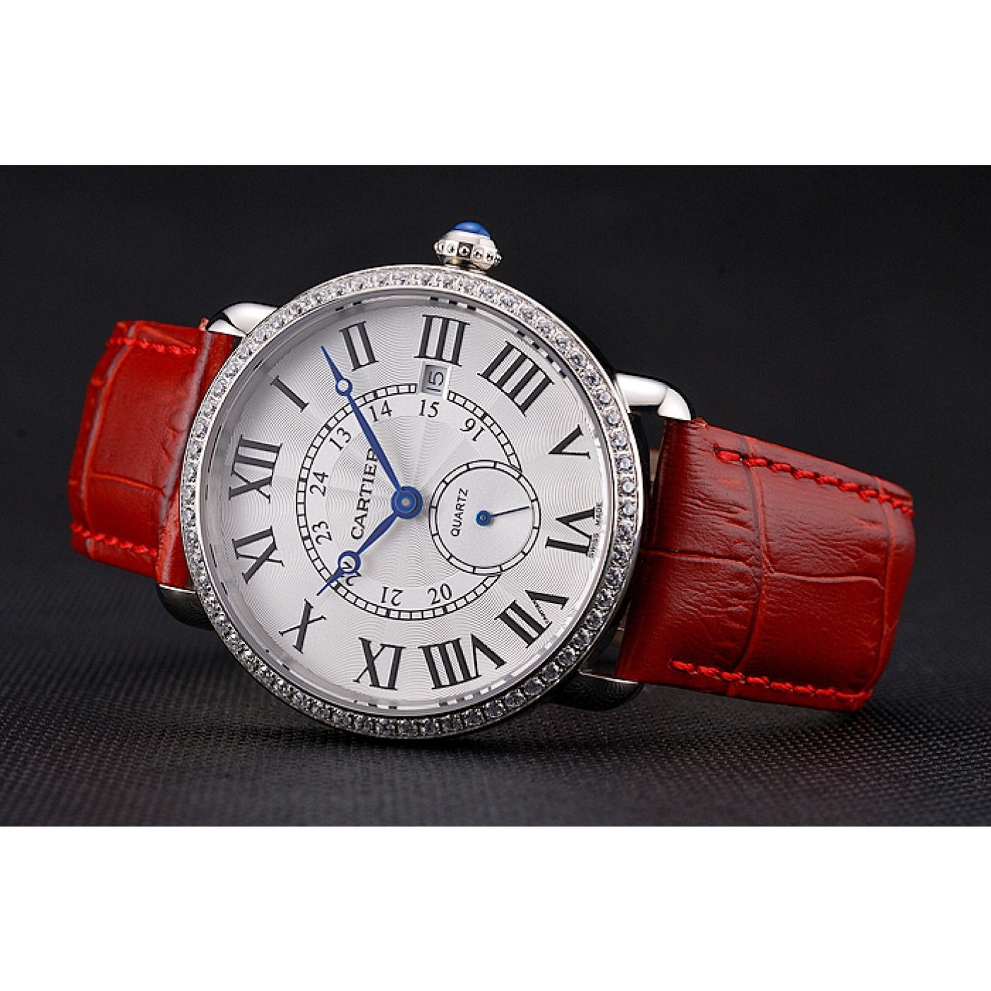 Rep Cartier Ronde Louis Cartier White Dial Stainless Steel Case Diamond Bezel Red Leather Strap