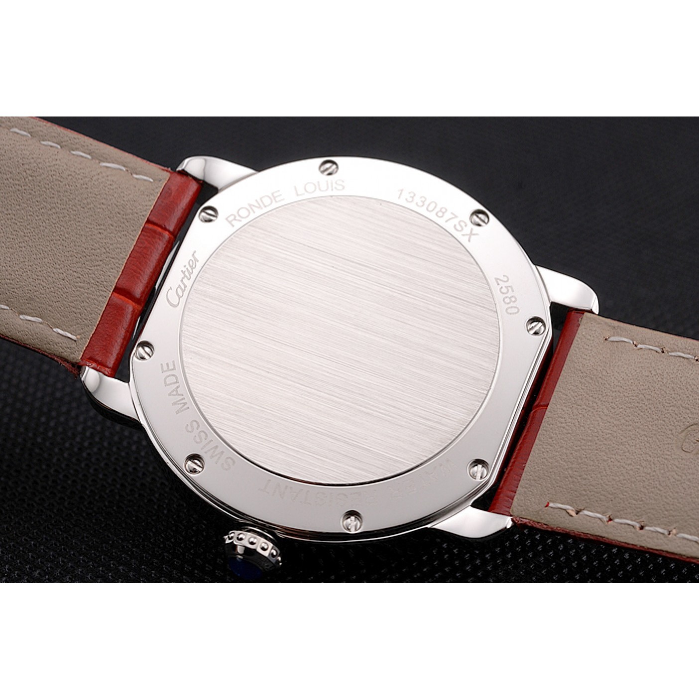 Rep Cartier Ronde Louis Cartier White Dial Stainless Steel Case Diamond Bezel Red Leather Strap