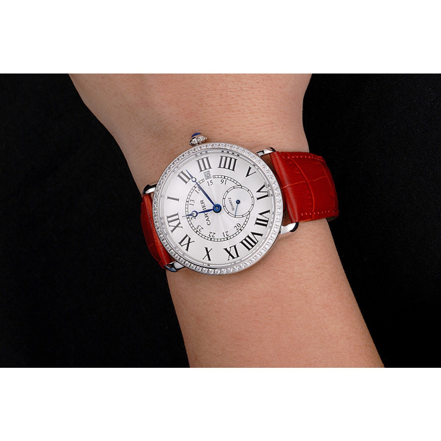 Rep Cartier Ronde Louis Cartier White Dial Stainless Steel Case Diamond Bezel Red Leather Strap