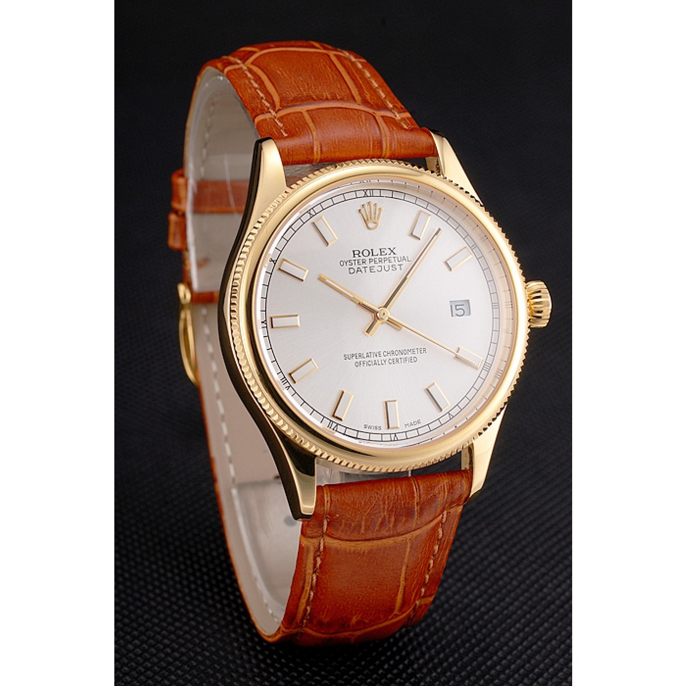 RepTime Watches Swiss Rolex Datejust White Dial Gold Case Light Brown Leather Strap