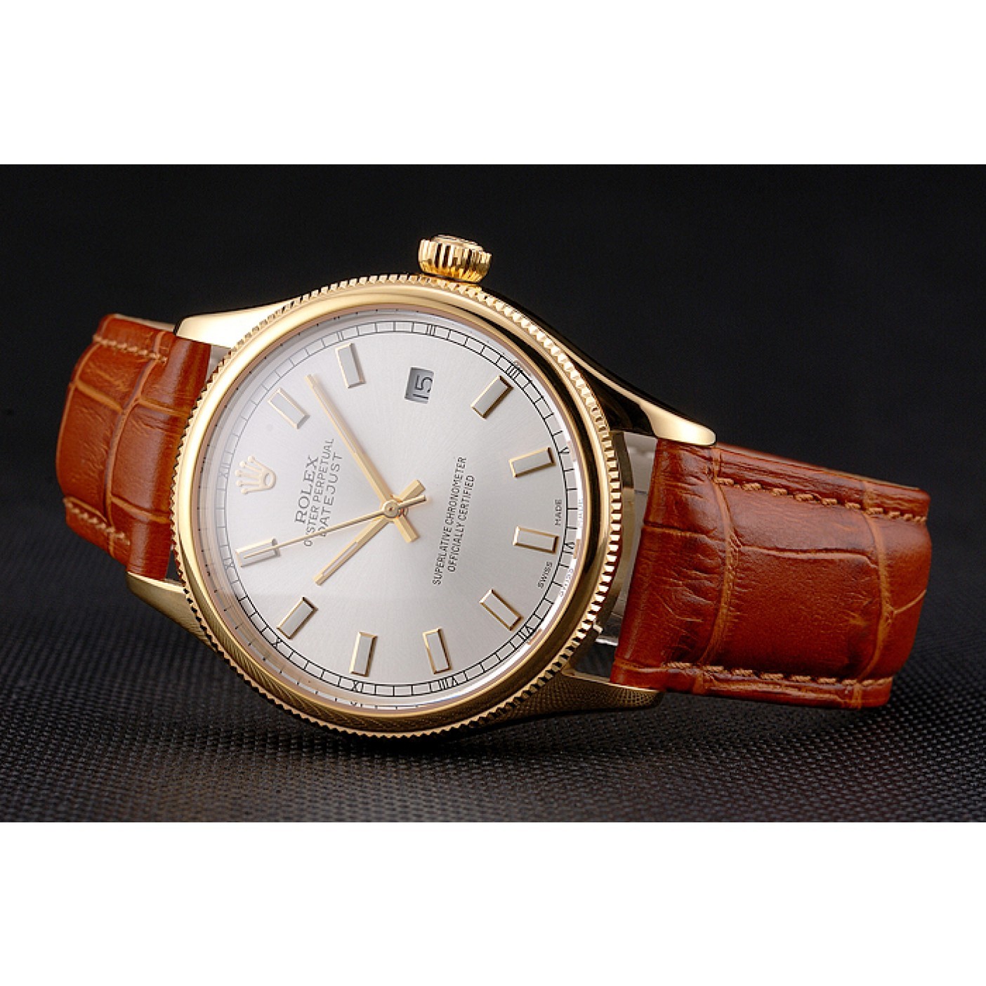 RepTime Watches Swiss Rolex Datejust White Dial Gold Case Light Brown Leather Strap