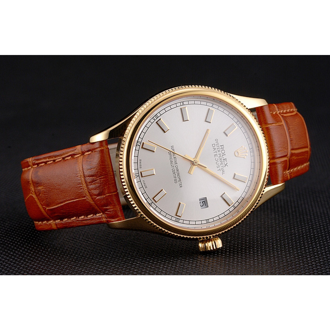 Swiss Rolex Datejust White Dial Gold Case Light Brown Leather Strap