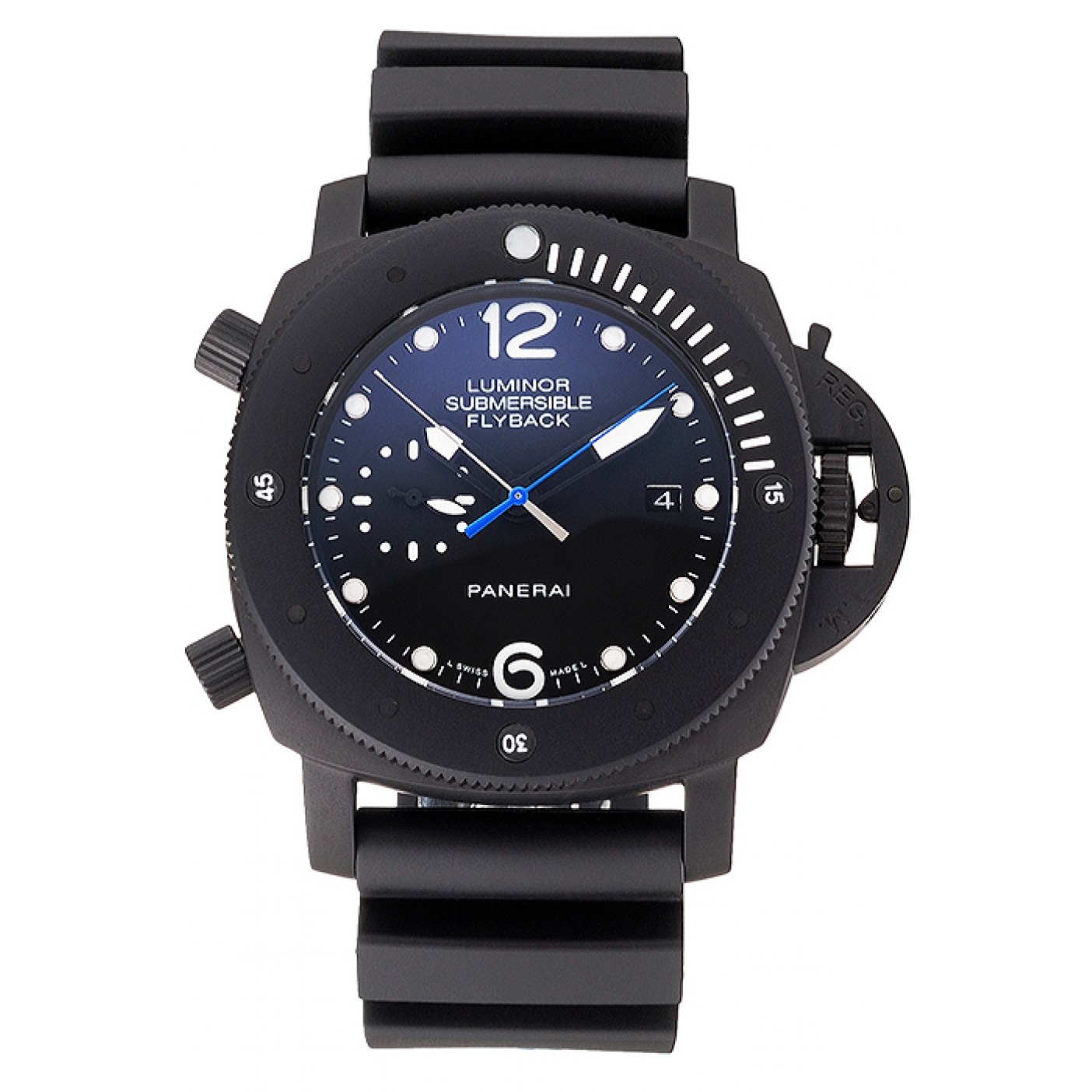 Panerai Luminor Submersible Flyback Date Black Dial Black Ionized Case Black Rubber Strap