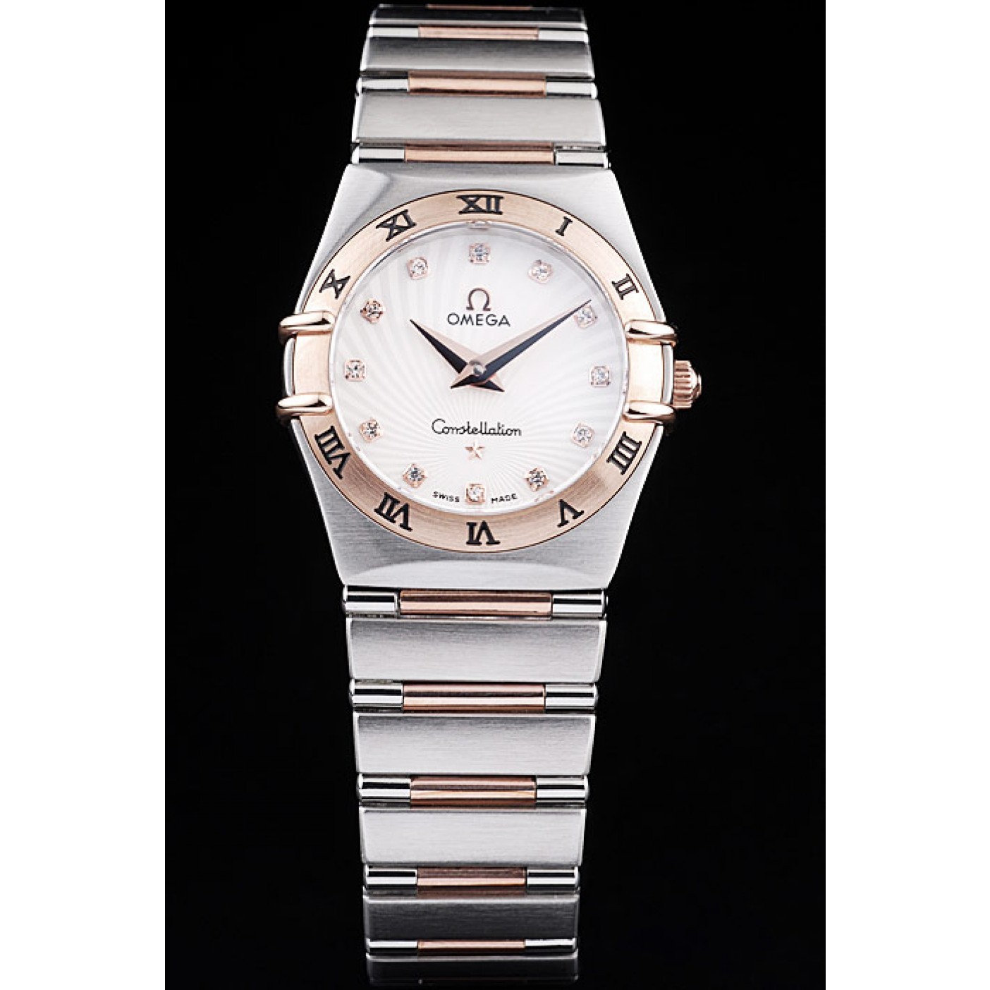 Omega Swiss Constellation Jewelry Rose Gold Case Small Radial Emblem White Dial