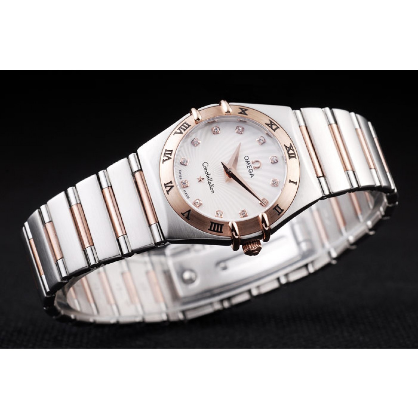 Omega Swiss Constellation Jewelry Rose Gold Case Small Radial Emblem White Dial