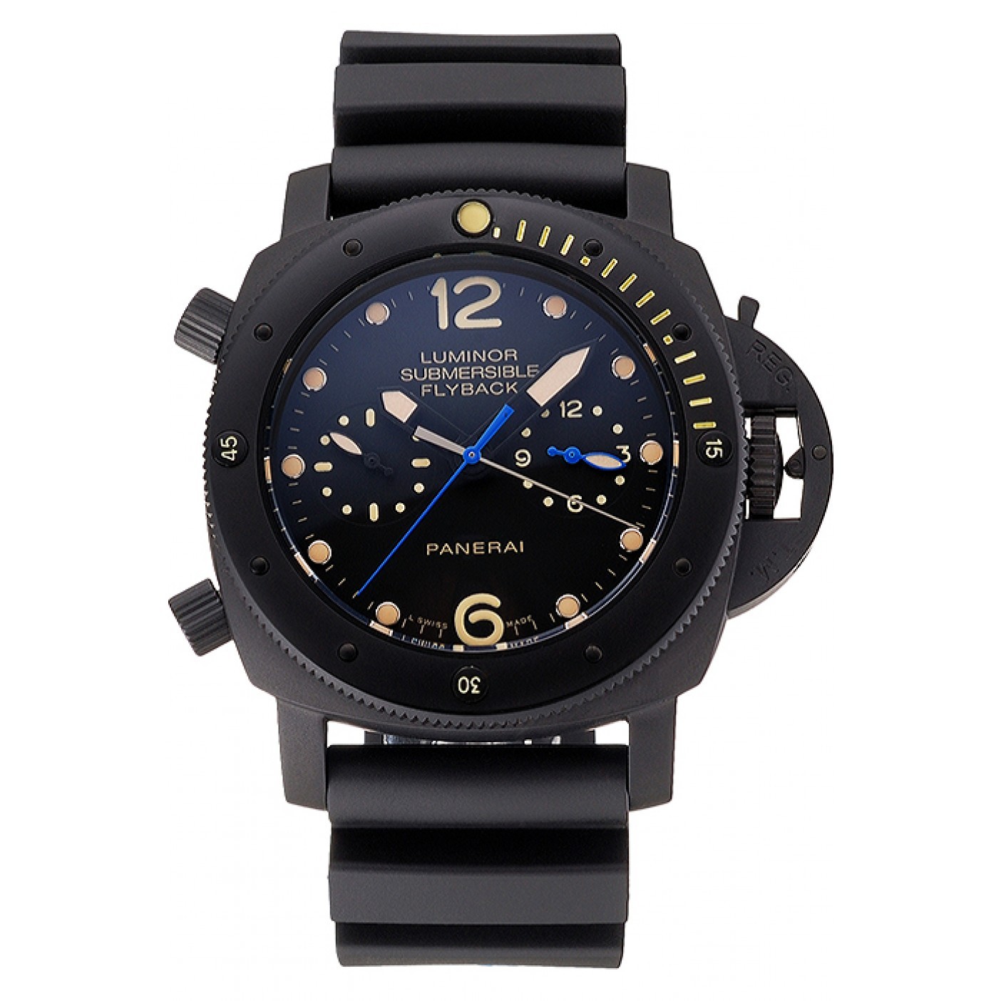 Panerai Luminor Submersible Flyback GMT Black Dial Yellow Markings Black Ionized Case Black Rubber Strap