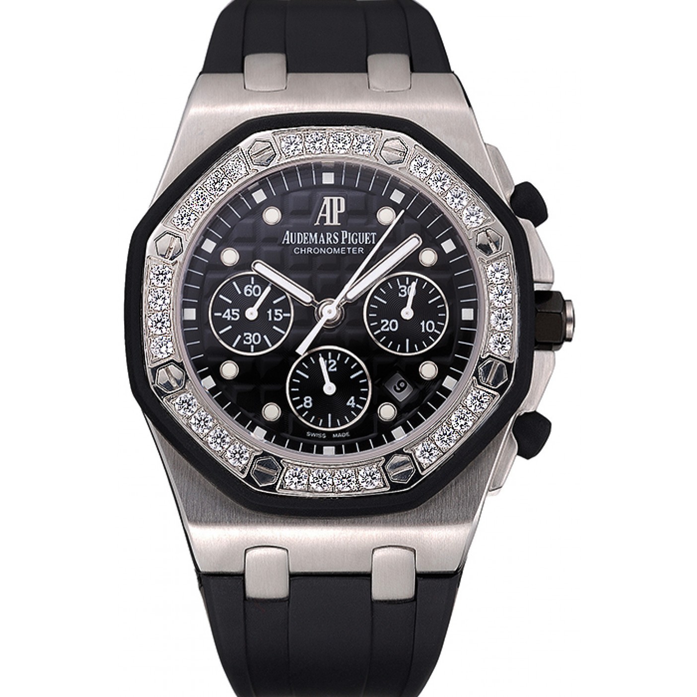 Swiss Audemars Piguet Royal Oak Chronometer Black Dial Diamond Bezel Stainless Steel Case Black Rubber Strap 622867