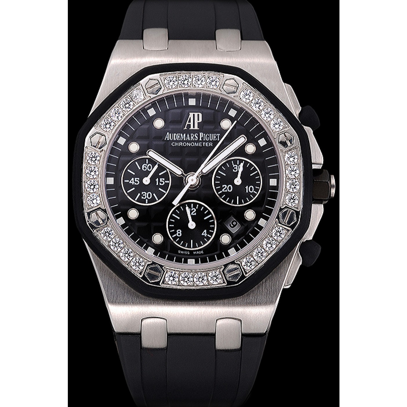 Swiss Audemars Piguet Royal Oak Chronometer Black Dial Diamond Bezel Stainless Steel Case Black Rubber Strap 622867