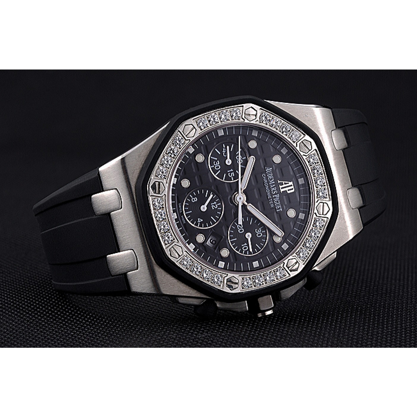 Swiss Audemars Piguet Royal Oak Chronometer Black Dial Diamond Bezel Stainless Steel Case Black Rubber Strap 622867