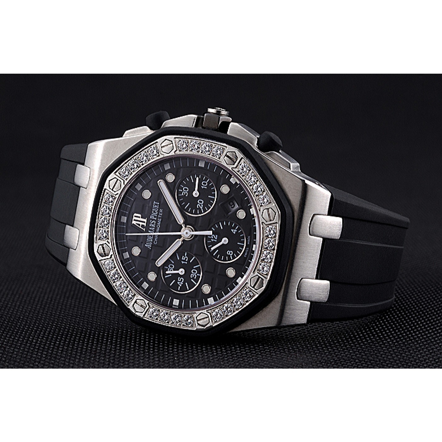 Swiss Audemars Piguet Royal Oak Chronometer Black Dial Diamond Bezel Stainless Steel Case Black Rubber Strap 622867