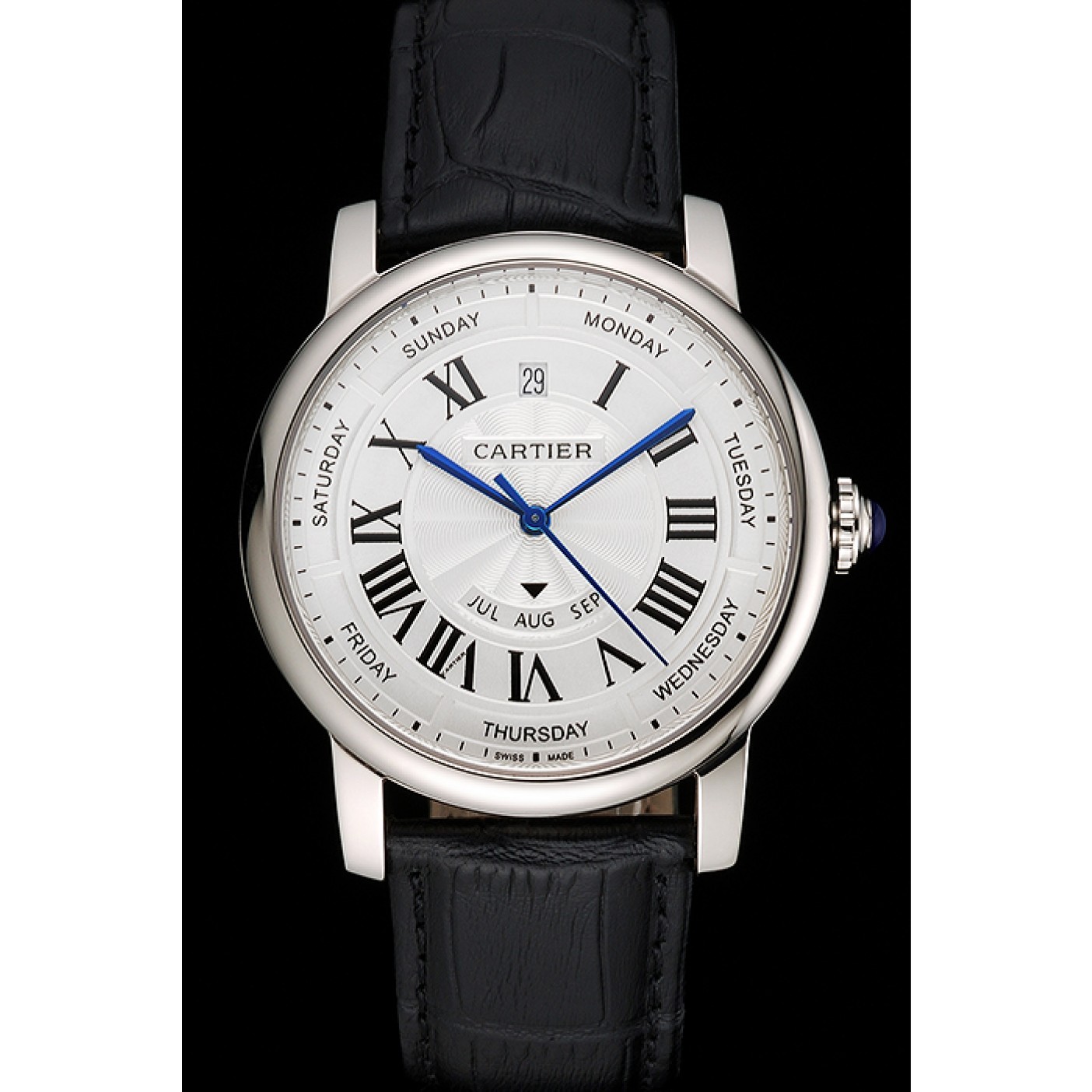 Fake Swiss Cartier Rotonde Annual Calendar White Dial Stainless Steel Case Black Leather Strap