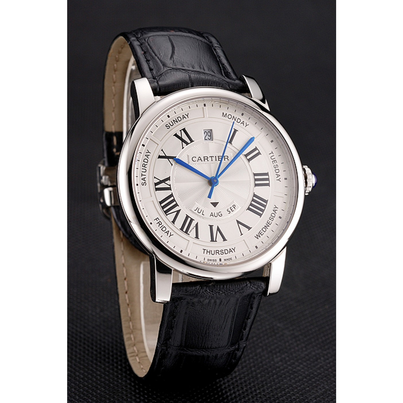 Fake Swiss Cartier Rotonde Annual Calendar White Dial Stainless Steel Case Black Leather Strap