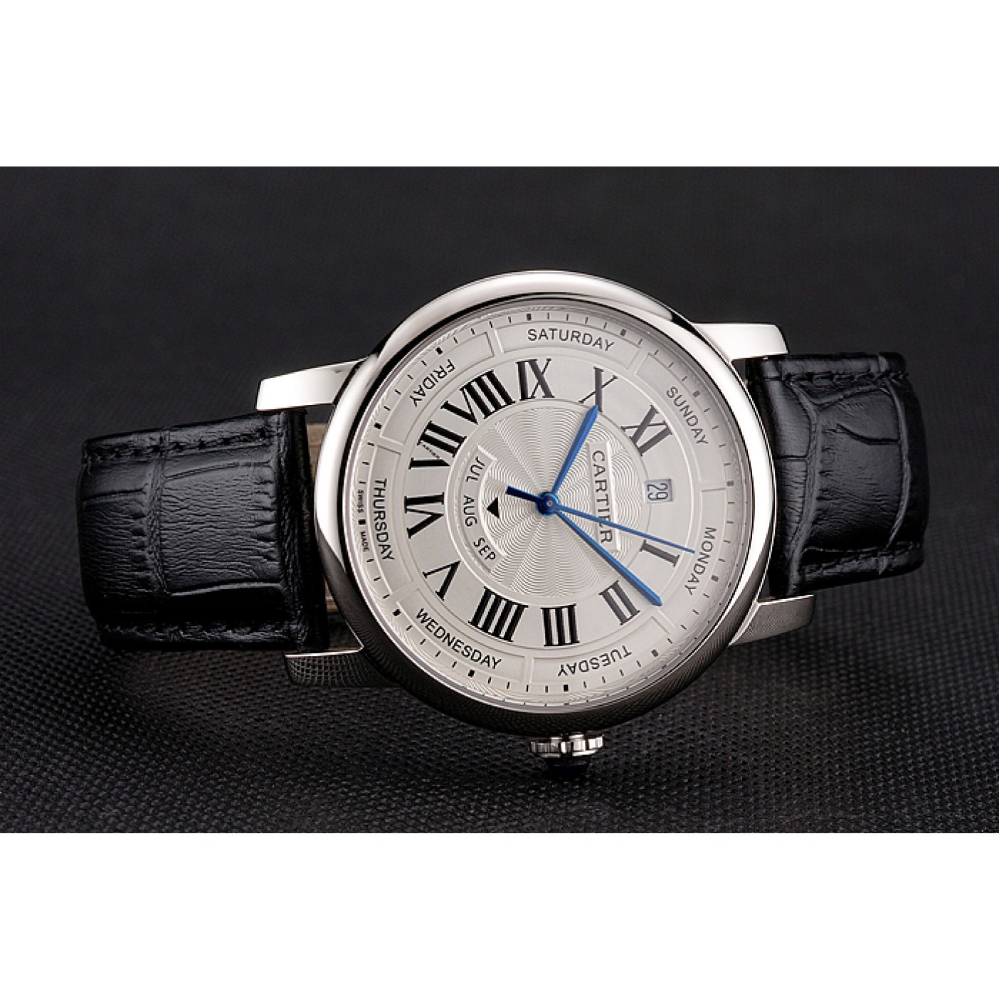 Fake Swiss Cartier Rotonde Annual Calendar White Dial Stainless Steel Case Black Leather Strap