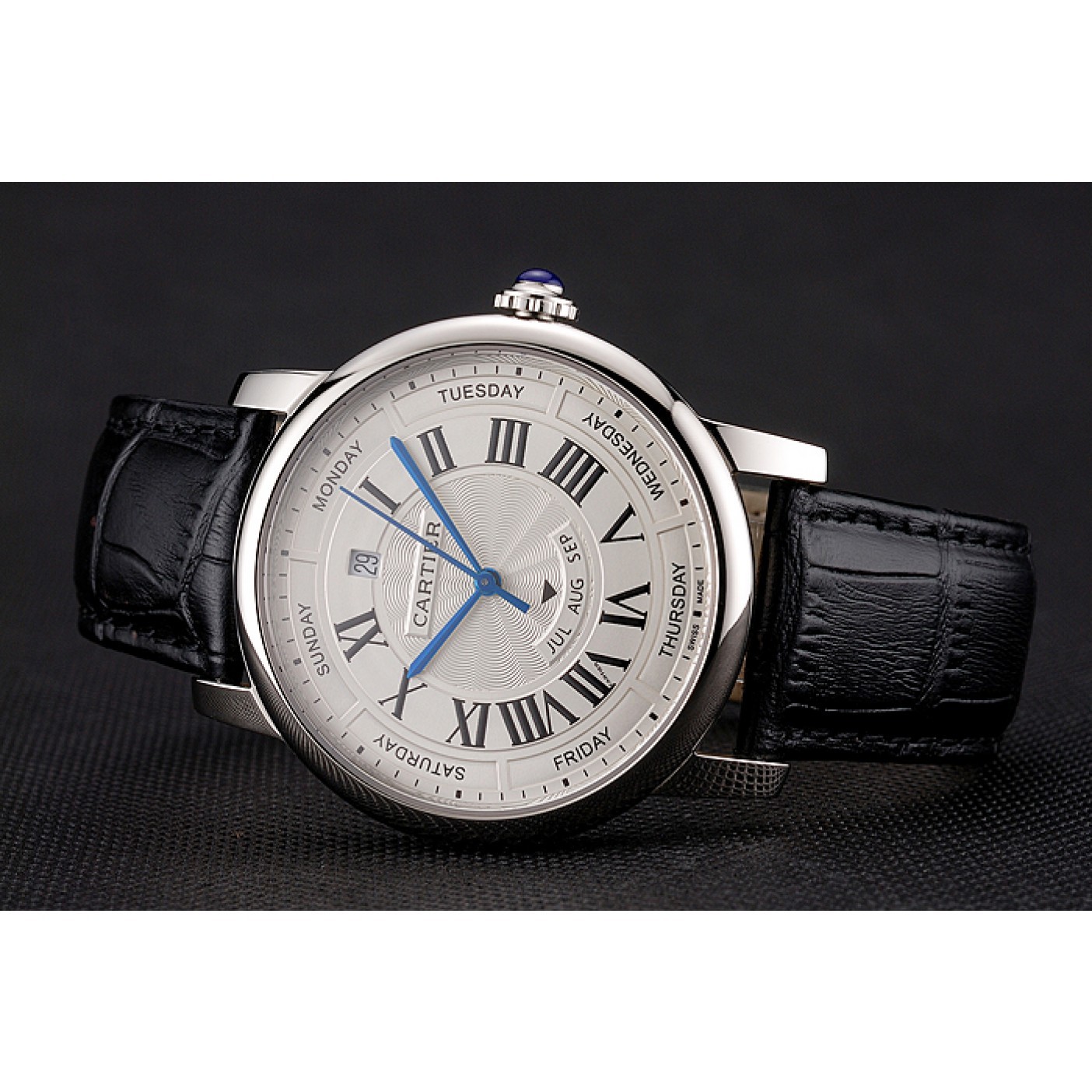 Fake Swiss Cartier Rotonde Annual Calendar White Dial Stainless Steel Case Black Leather Strap