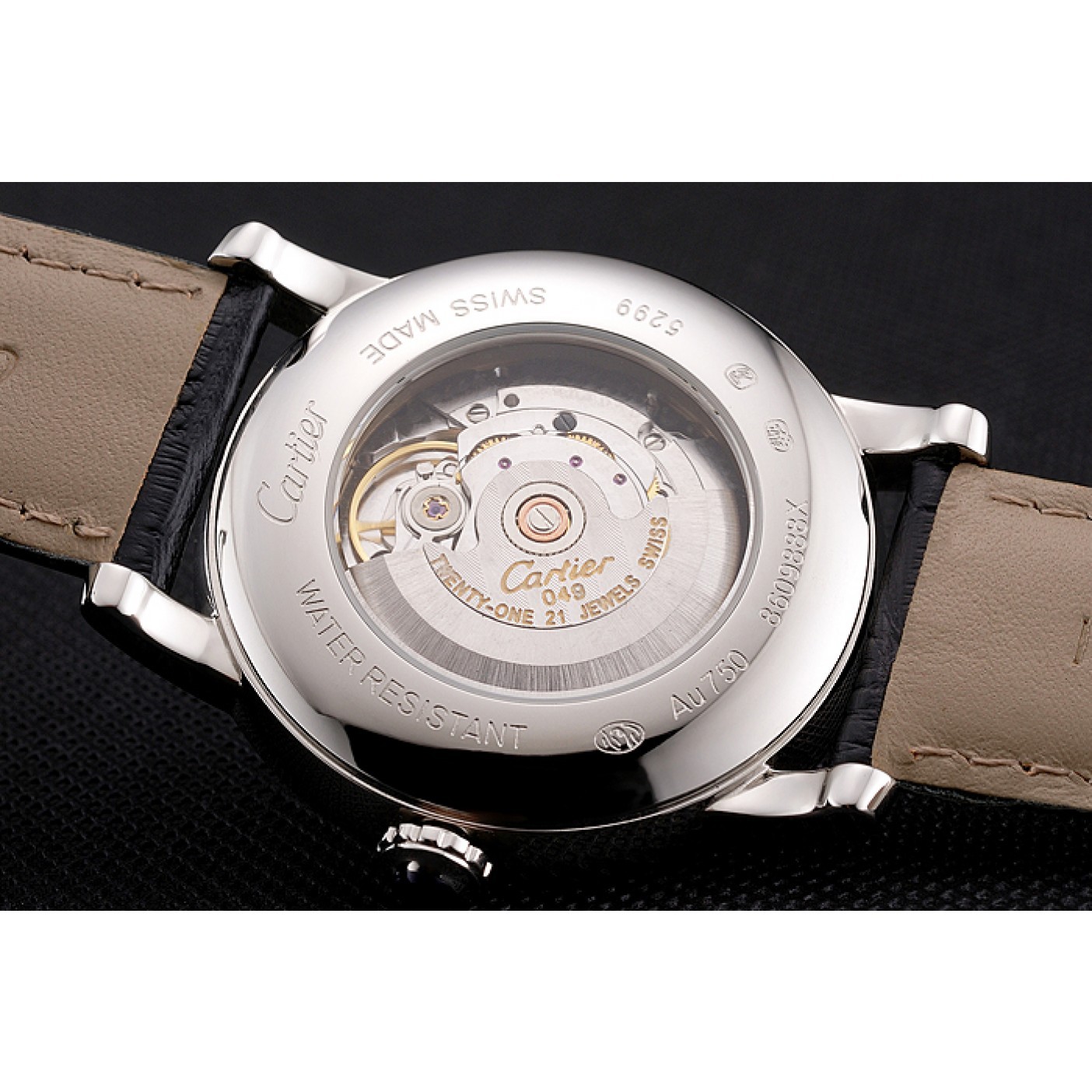 Fake Swiss Cartier Rotonde Annual Calendar White Dial Stainless Steel Case Black Leather Strap