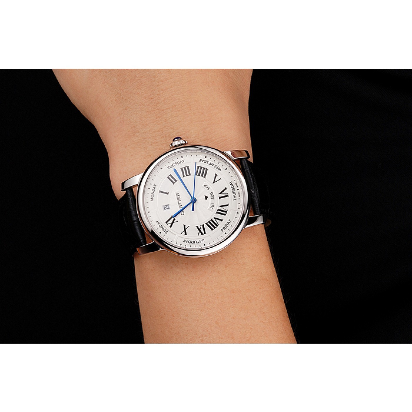 Fake Swiss Cartier Rotonde Annual Calendar White Dial Stainless Steel Case Black Leather Strap