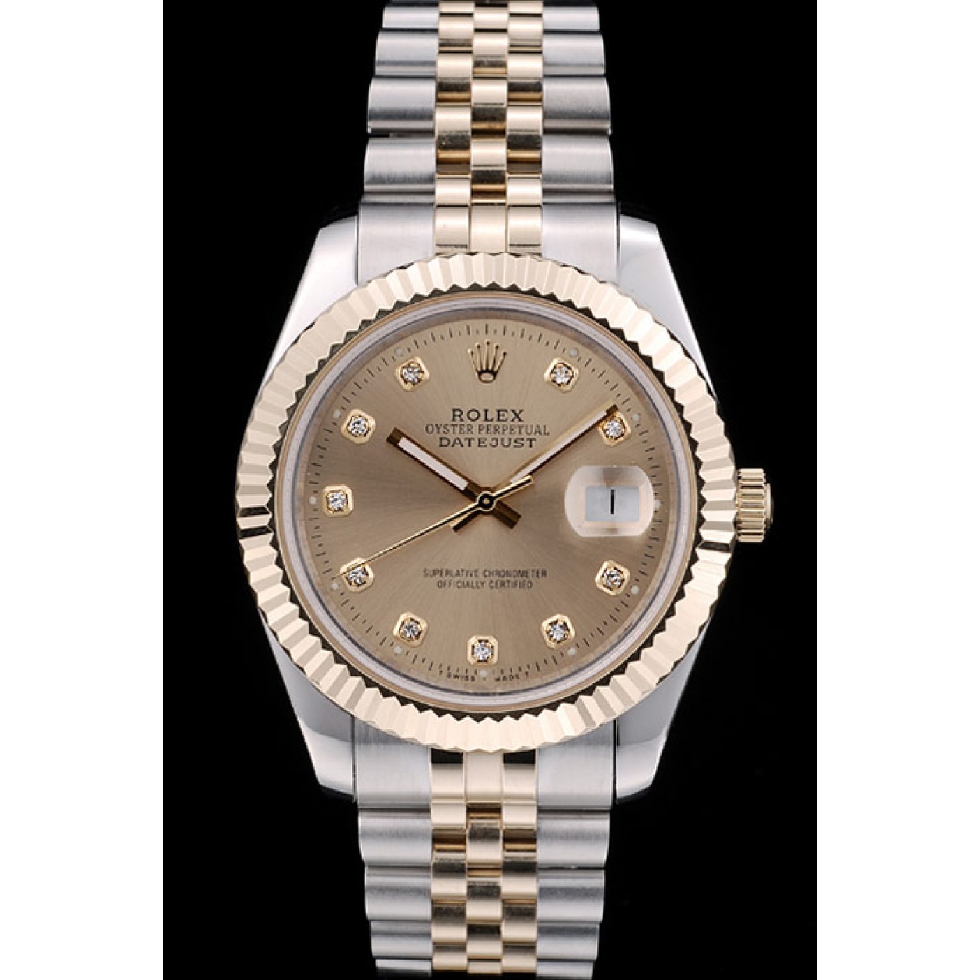 RepTime Watches Rolex DateJust Gold Stainless Steel Ribbed Bezel Goldish Dial 41978